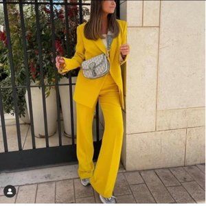 ZARA Stretch Yellow Textured Flared Leg Pant Trousers